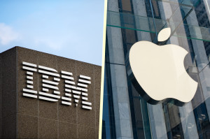 IBM and Apple Logos on the side of buildings